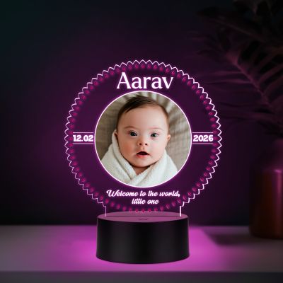 Personalized LED Night Lamp with Photo | Welcome to The World Little One Quote Engraved Color Changing Light with Black Base Gift for New Born Baby & New Parents
